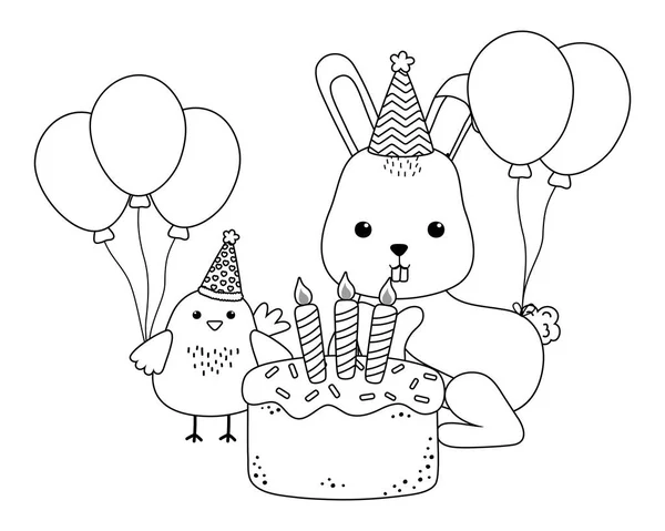 Rabbit and chicken with happy birthday icon design — Vector de stock