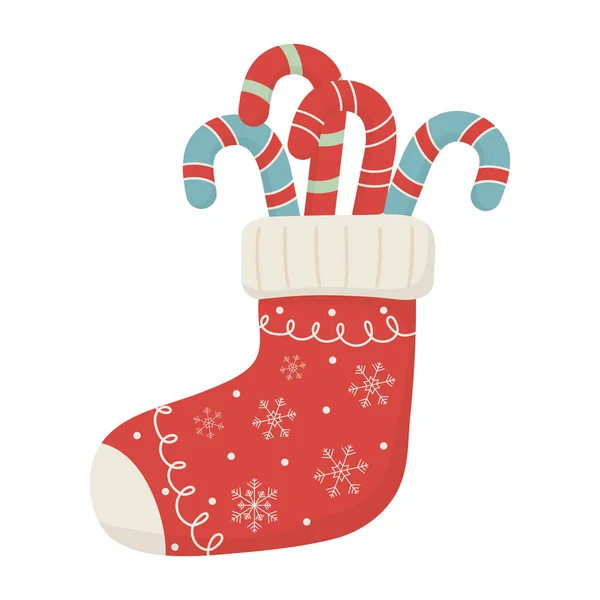 Red sock with candy canes celebration merry christmas — Stok Vektör