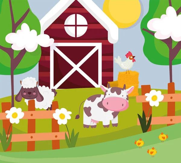 Cow sheep and rooster in hay barn fence trees farm animals — Vector de stock
