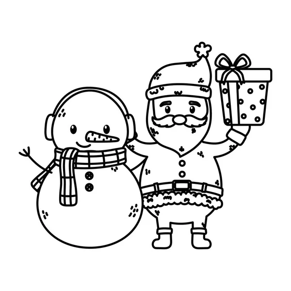 Santa and snowman with gift celebration merry christmas thick line — Stock Vector