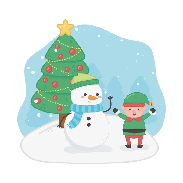 Merry merry christmas card with snowman and elf — Stockvector