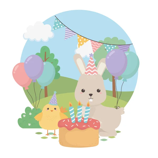 Cute rabbit and chick in birthday party — Stockový vektor