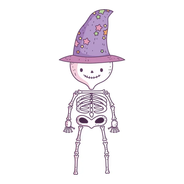 Happy halloween celebration skeleton with witch hat — Stock Vector