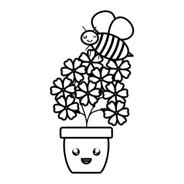 garden flowers plant in pot with bee flying kawaii style