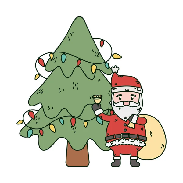 Santa con campana de bolso y luces de árbol festejan las navidades navideñas. — Vector de stock