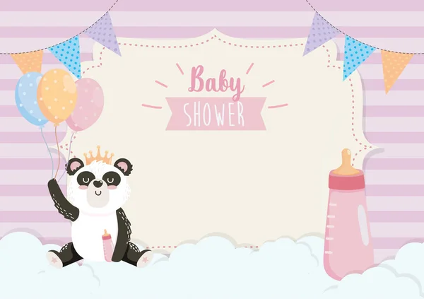Cartão de panda bonito com garrafa de alimentação e balões — Vetor de Stock
