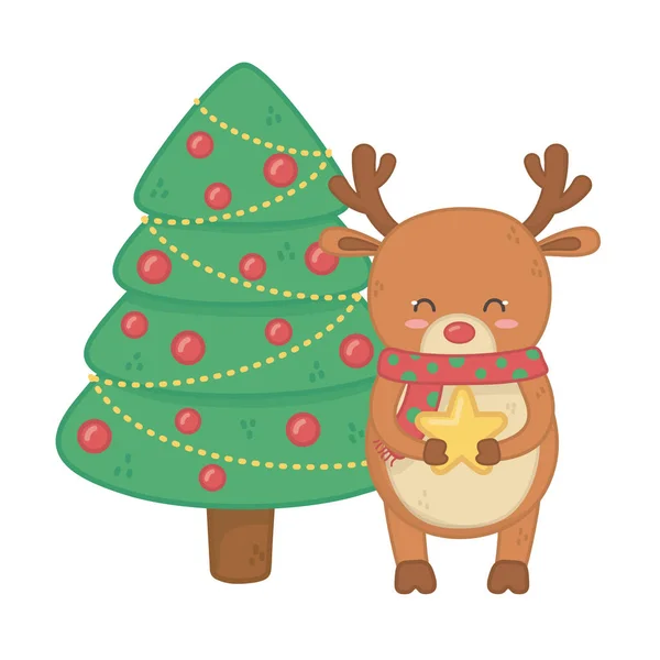 Renas com bolas de árvore decoração feliz natal — Vetor de Stock