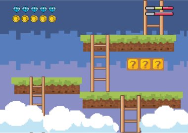 Arcade oyun dünya ve piksel sahne tasarım vektör illüstrasyon
