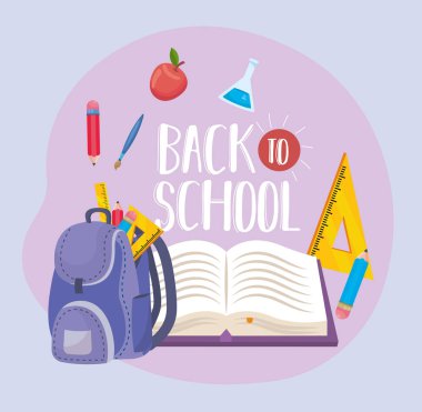 Sırt çantalı kitaplar ve elma meyveli üçgen cetveller