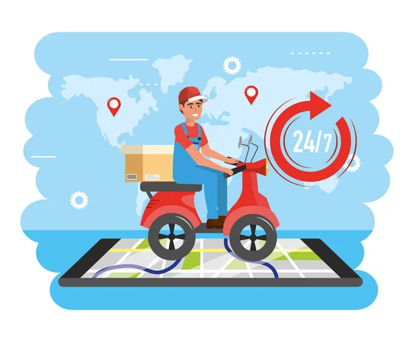 Delivery man υπηρεσία με κουτί και τοποθεσία χάρτη smartphone — Διανυσματικό Αρχείο