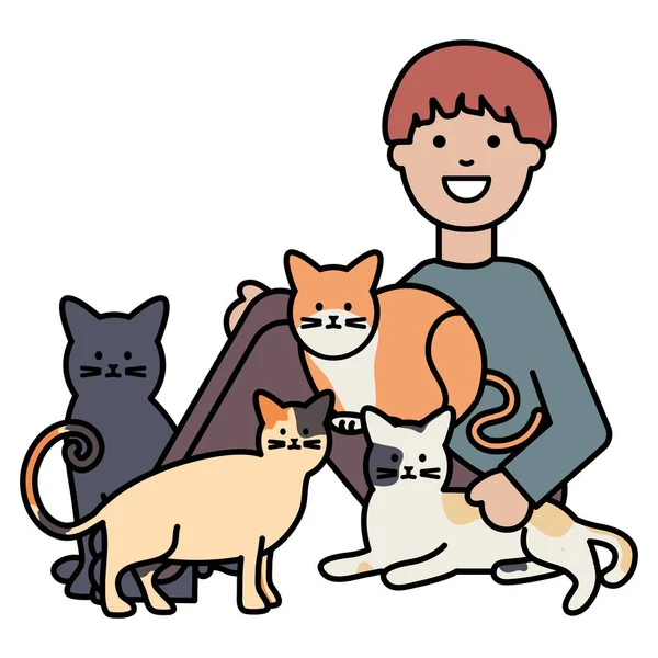 Giovane uomo con carino gatti mascotte — Vettoriale Stock
