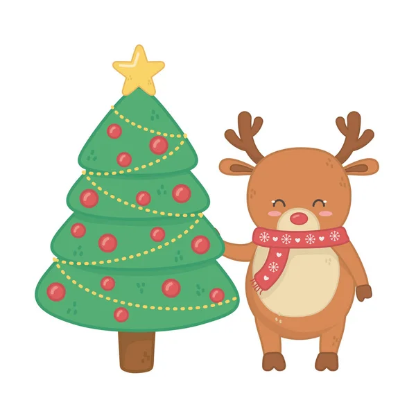 Reindeer with tree balls star decoration merry christmas — Stockvector