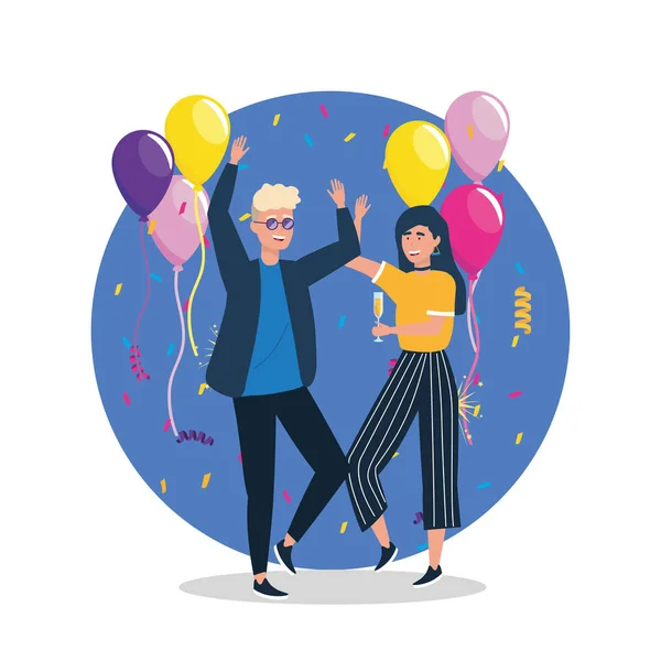 Mignonne femme et homme dansant avec des ballons — Image vectorielle