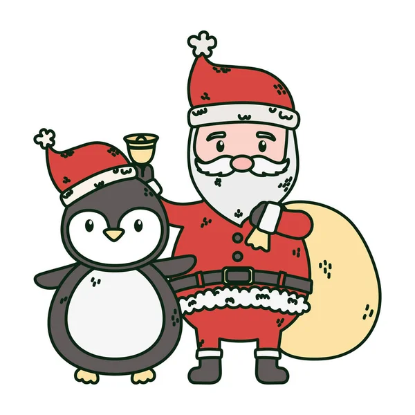 Weihnachtsmann mit Tasche und Pinguin feiern frohe Weihnachten — Stockvektor