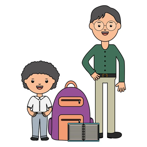Милый маленький студент мальчик с учителем и школьной сумкой — стоковый вектор