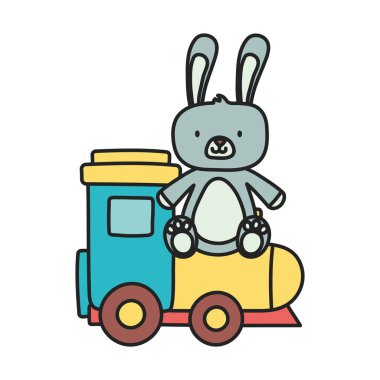 Çocuklar oyuncak, şirin tavşan ve tren oyuncakları.