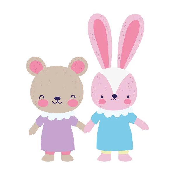 Baby shower female bear and rabbit with dress holding hands — Stock Vector