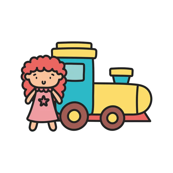 Brinquedo crianças, trem de borracha e brinquedos boneca — Vetor de Stock