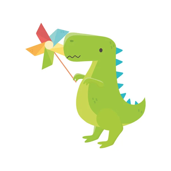 Kids toy, green dinosaur with pinwheel toys — Stockvektor