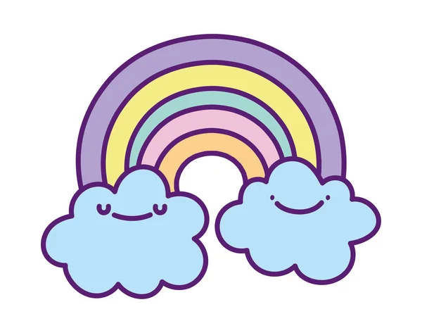 Chuveiro bebê arco-íris bonito e nuvens desenho animado — Vetor de Stock
