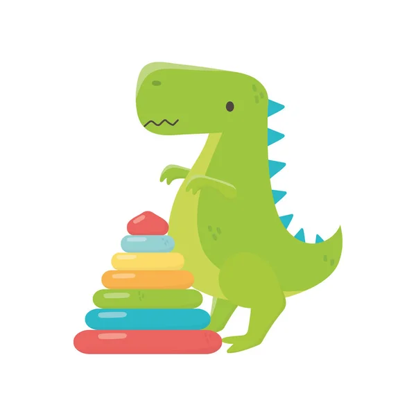 Kinderspielzeug, Plastikpyramide und grünes Dinosaurierspielzeug — Stockvektor