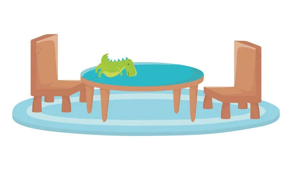 Gyerekek zóna, dinoszaurusz asztal és székek szőnyeg bútorok — Stock Vector