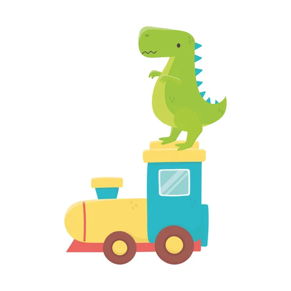 Kinderspielzeug, grüner Dinosaurier und Eisenbahn-Spielzeug aus Plastik — Stockvektor