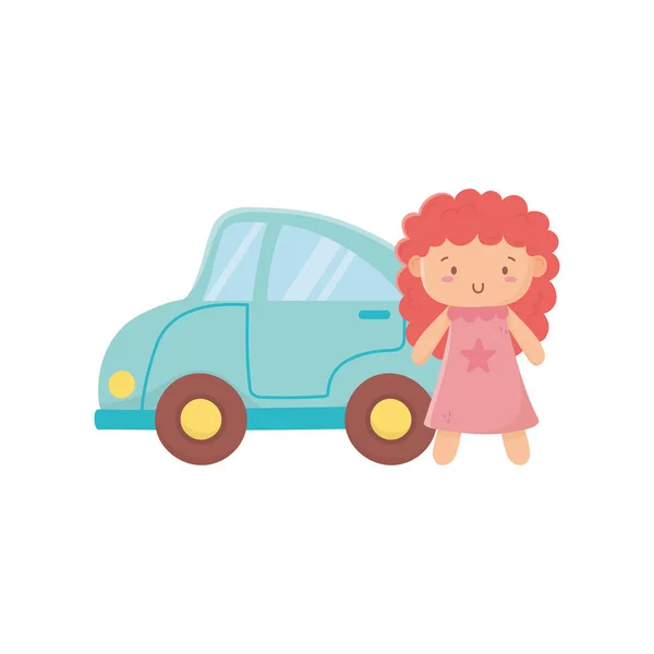 Kids toy, blue car and little doll toys — Vetor de Stock