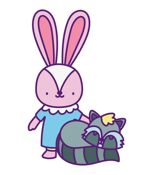 귀여운 토끼와 너구리 만화 아기 샤워 — 스톡 벡터