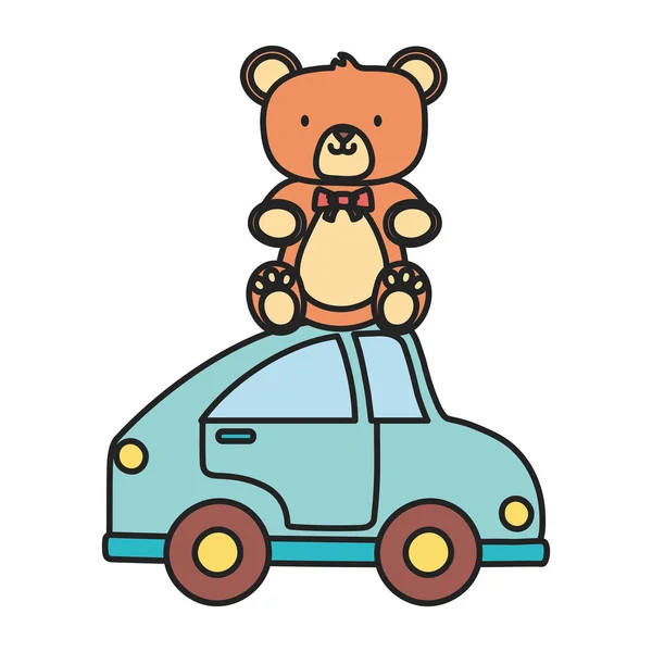 Juguete infantil, oso teddy sentado en los juguetes de coches azules — Vector de stock