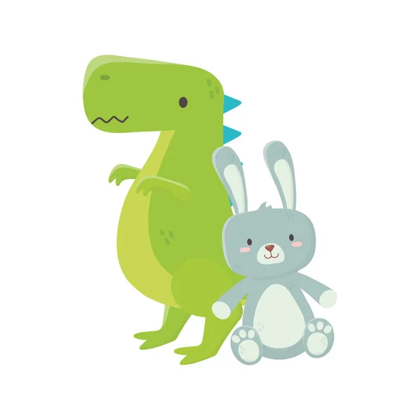 Kids toy, green dinosaur and cute rabbit toys — Stock Vector