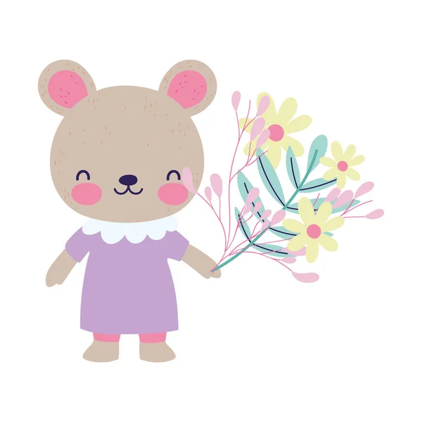 Roztomilý medvědice s šaty a květinami dekorace — Stockový vektor