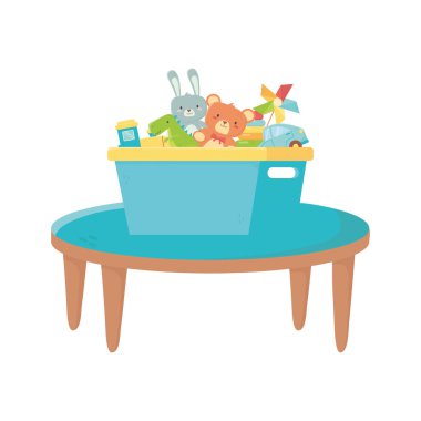 Çocuk bölgesi, kutu dolu masa ayı fırıldak oyuncakları.