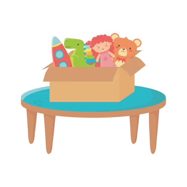 Zona infantil, mesa com caixa cheia urso boneca foguete dinossauro brinquedos —  Vetores de Stock
