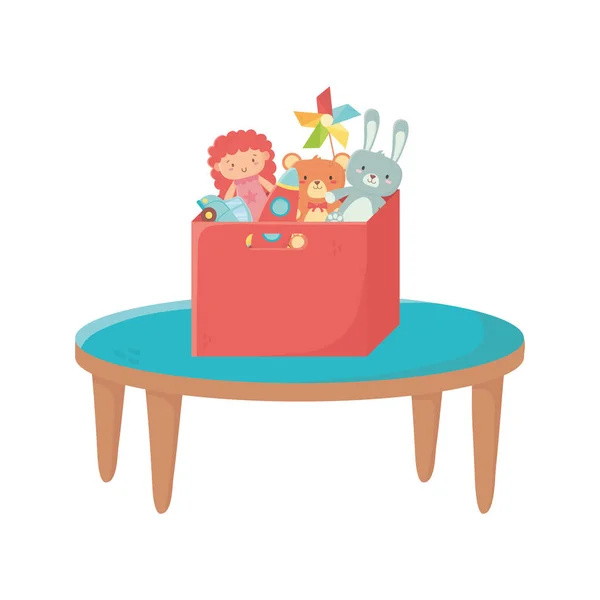 Zona infantil, mesa com caixa cheia boneca coelho urso pinwheel foguete brinquedos —  Vetores de Stock