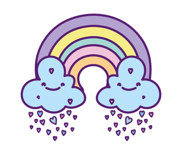 Baby shower cute rainbow with clouds rain hearts love cartoon — Vector de stock