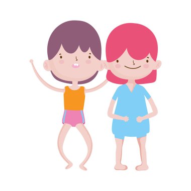 Sevimli küçük çocuklar çizgi film karakterleriyle arkadaş olurlar.