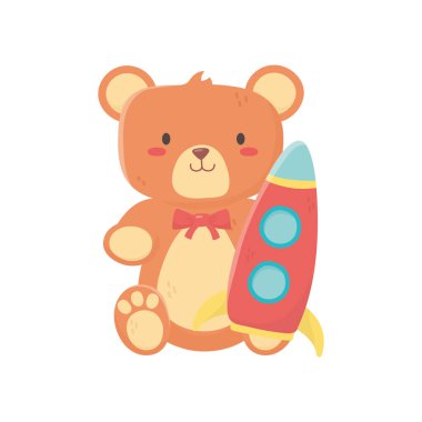 Çocuklar oyuncak, oyuncak ayı ve plastik roket oyuncakları