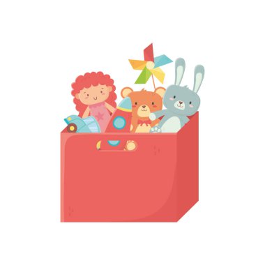 Çocuklar oyuncak, kırmızı kutu doldurulmuş oyuncaklar depolanmış