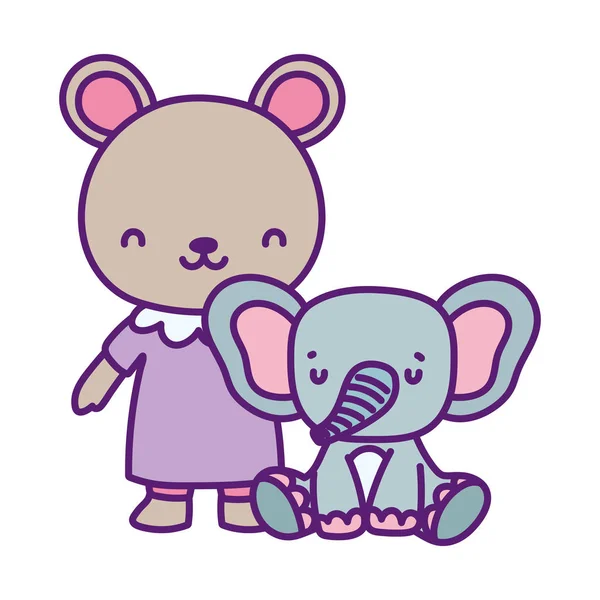 Baby shower cute mały niedźwiedź i słoń kreskówki — Wektor stockowy