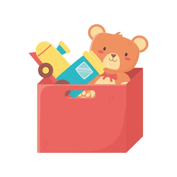 Kids toy, filled red box with train and teddy bear — Stock Vector