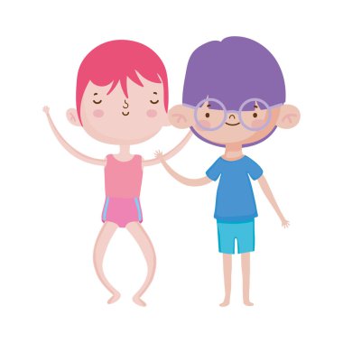 Sevimli küçük çocuklar çizgi film karakterleriyle arkadaş olurlar.