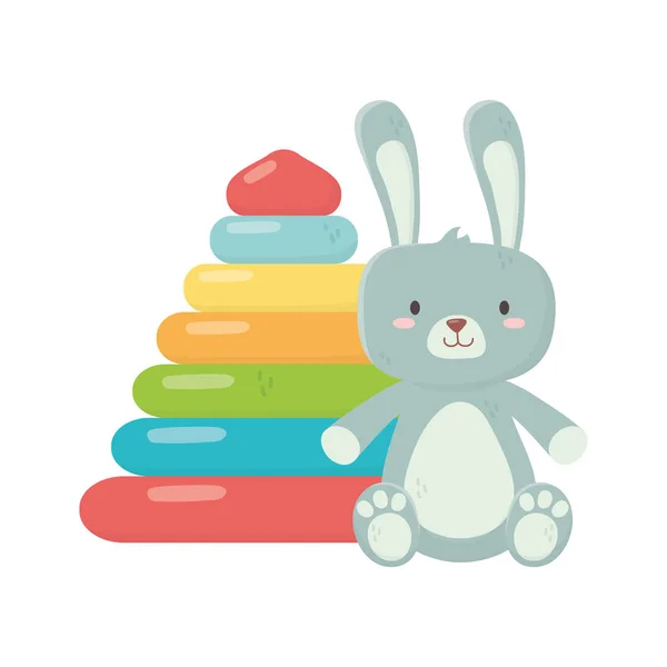 Çocuklar oyuncak, plastik piramit ve tavşan kürklü oyuncaklar — Stok Vektör