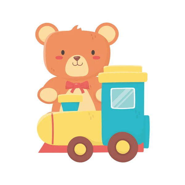 Juguete infantil, oso teddy y juguetes de tren de plástico — Archivo Imágenes Vectoriales