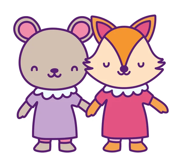 Baby párty samice medvědice a liška s šaty drží za ruce — Stockový vektor