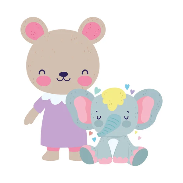 Baby shower cute mały niedźwiedź i słoń kreskówki — Wektor stockowy