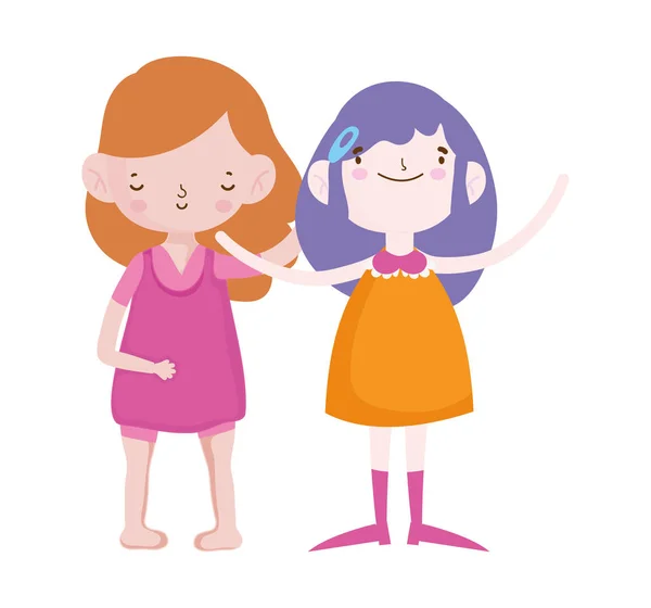Leuke kleine meisjes gelukkig vrienden cartoon personages — Stockvector