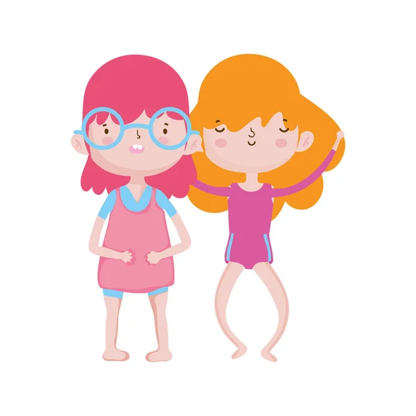 Lindas niñas amigas amigas felices personajes de dibujos animados — Vector de stock