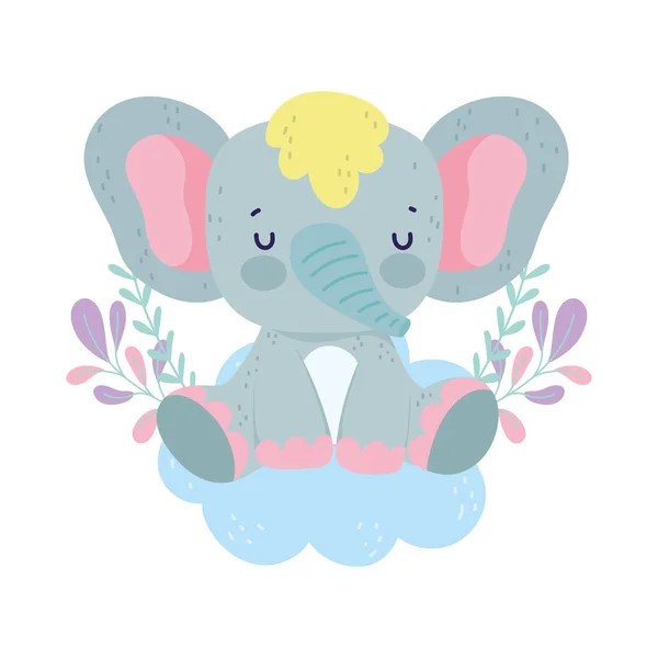 Baby shower cute elephant sitting on cloud foliage cartoon — Stock Vector