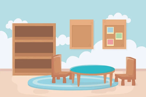 Gyerek zóna, polc tábla fa asztal és székek szőnyeg bútorok — Stock Vector